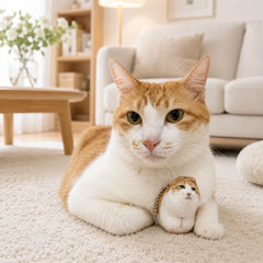 Orange and white cat lying beside a custom miniature plush keychain made from the cat’s real photo in a cozy living room.