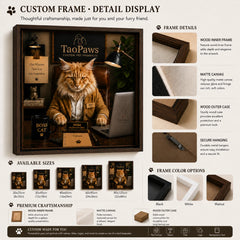 Custom framed pet portrait canvas wall art with wooden frame details, matte canvas texture, multiple size options, and black white walnut frame colors by TaoPaws.
