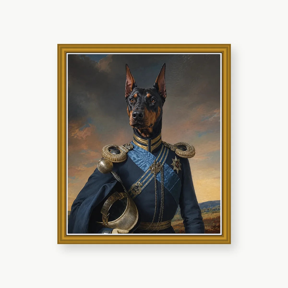 Doberman General custom pet portrait with elegant gold polystyrene frame