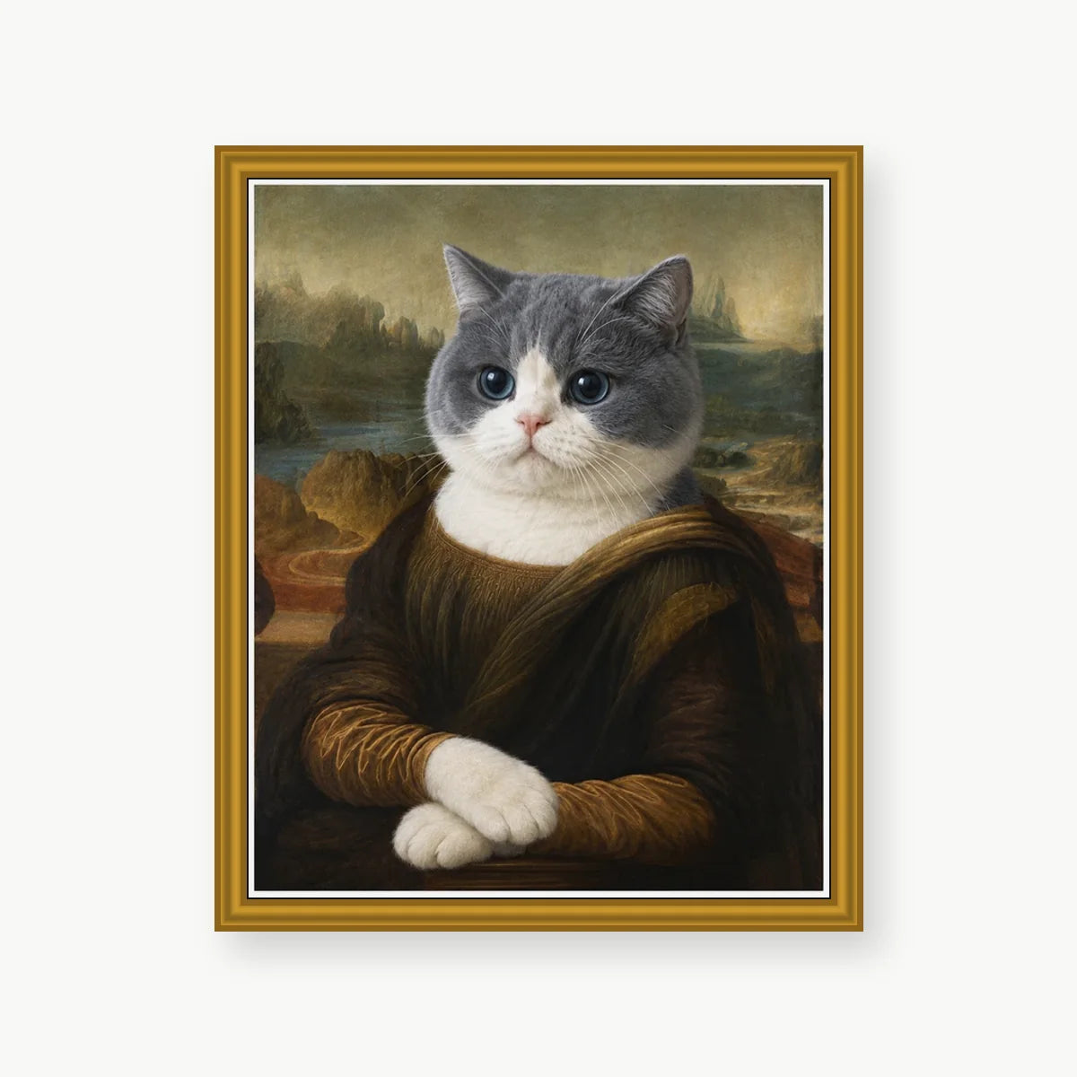 Mona Lisa Cat custom pet portrait with elegant gold polystyrene frame