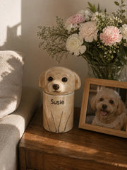 Personalized pet memorial urn with custom dog design, decorative keepsake for honoring beloved pets.