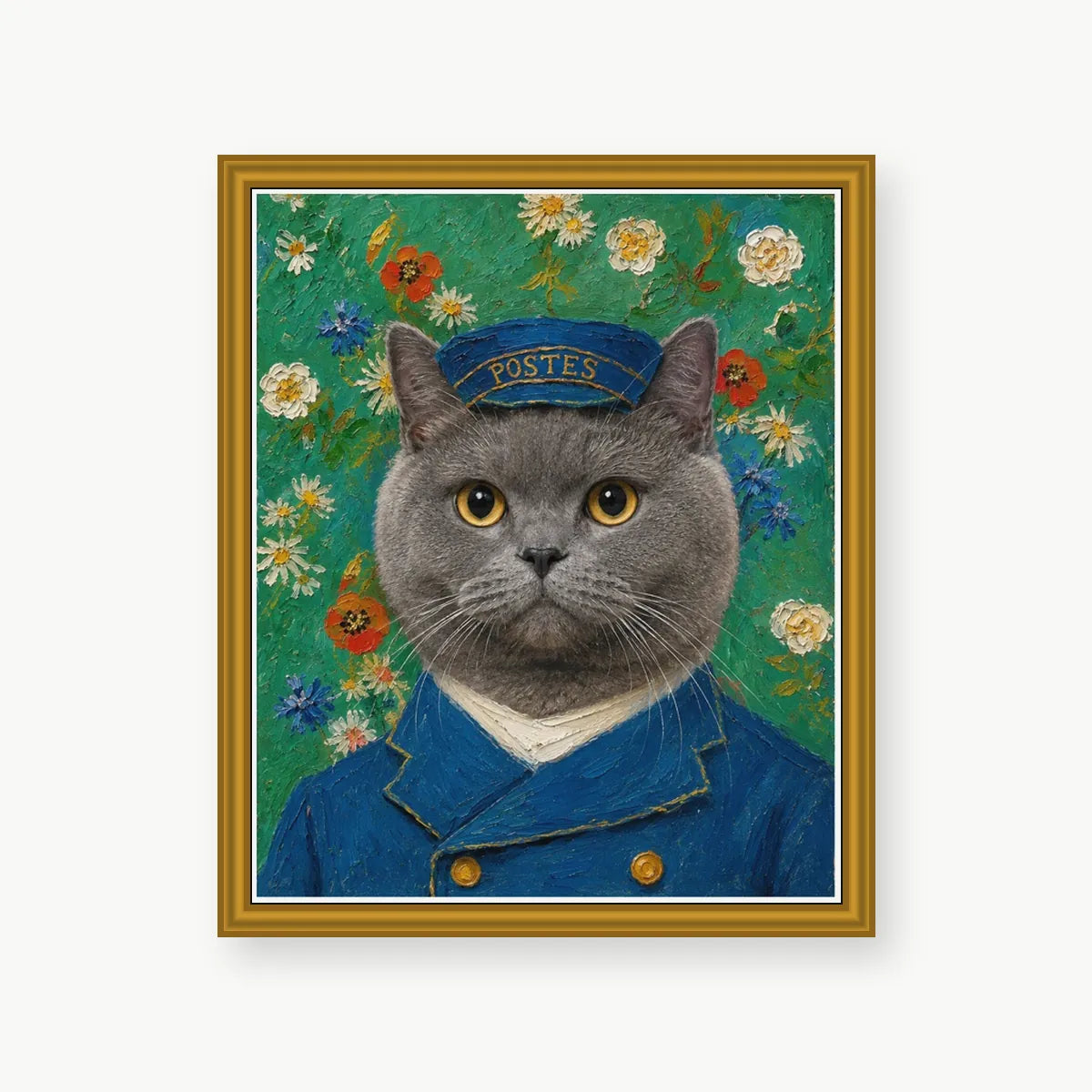 Postman Cat custom pet portrait with elegant gold polystyrene frame
