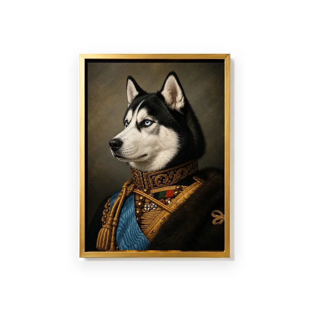 Royal Husky custom pet portrait with elegant gold polystyrene frame and textured film canvas