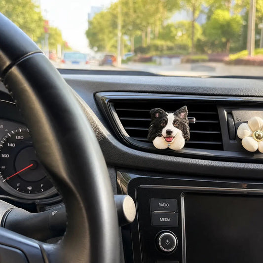 Custom dog photo car air freshener stone displayed near the driver seat