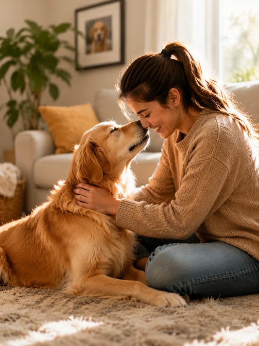 A young woman sitting on a soft rug in a sunlit living room, lovingly touching noses with her golden retriever, capturing the affectionate bond between pet and owner.