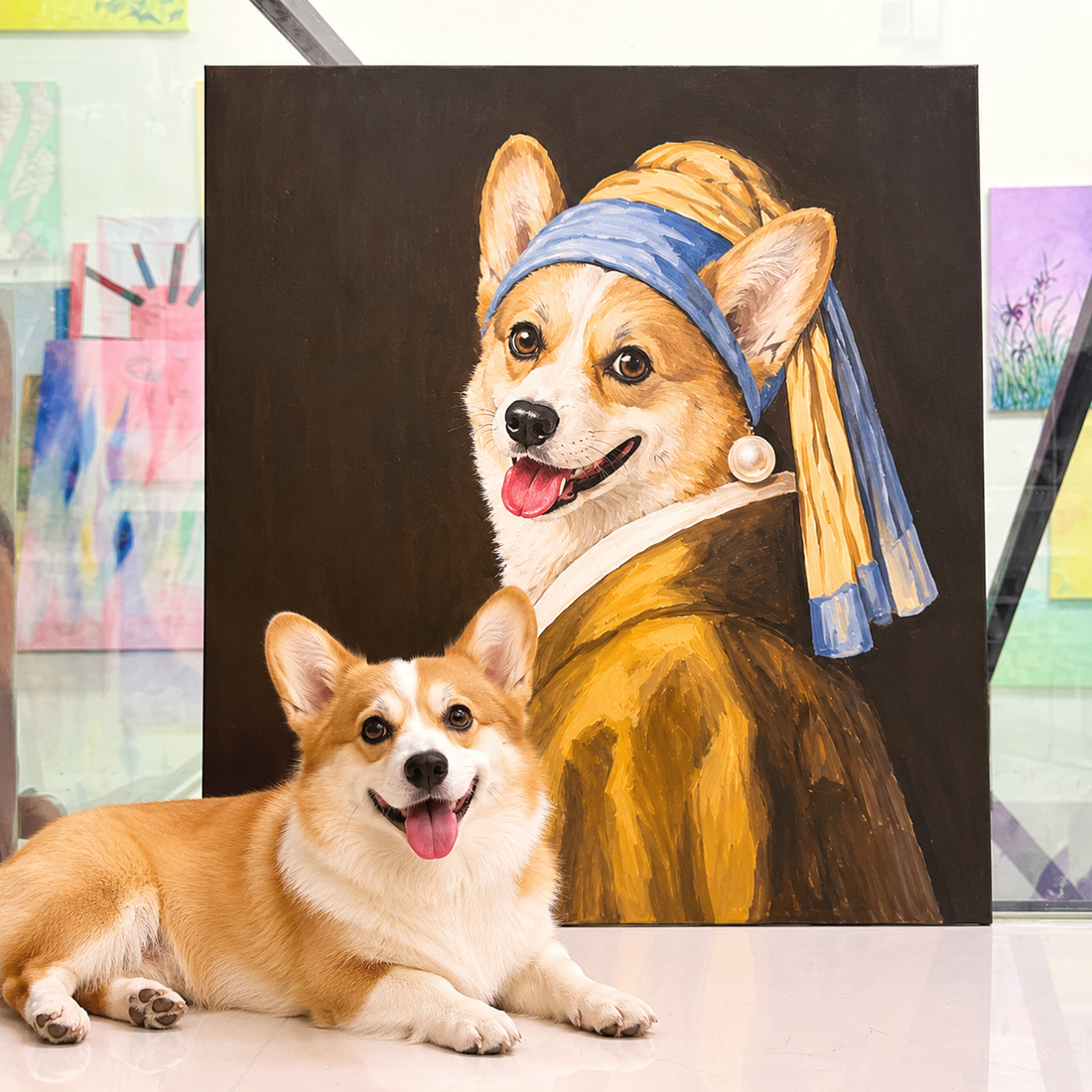 Pearl Girl Renaissance-style custom pet portrait created from a Corgi photo