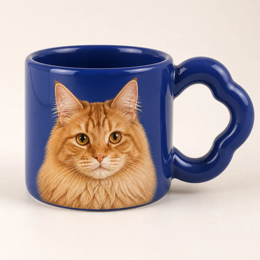 Blue custom chunky ceramic mug with a personalized cat portrait. | TaoPaws