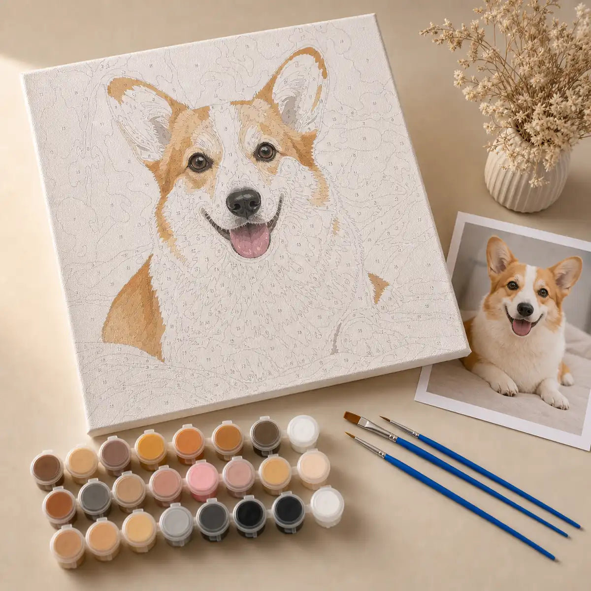 Custom pet paint by numbers kit with canvas, paint pots, brushes, and reference photo. | TaoPaws