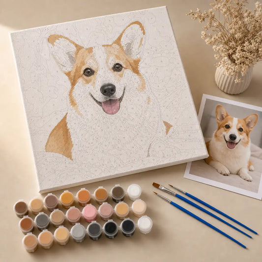 Custom pet paint by numbers kit with canvas, paint pots, brushes, and reference photo. | TaoPaws