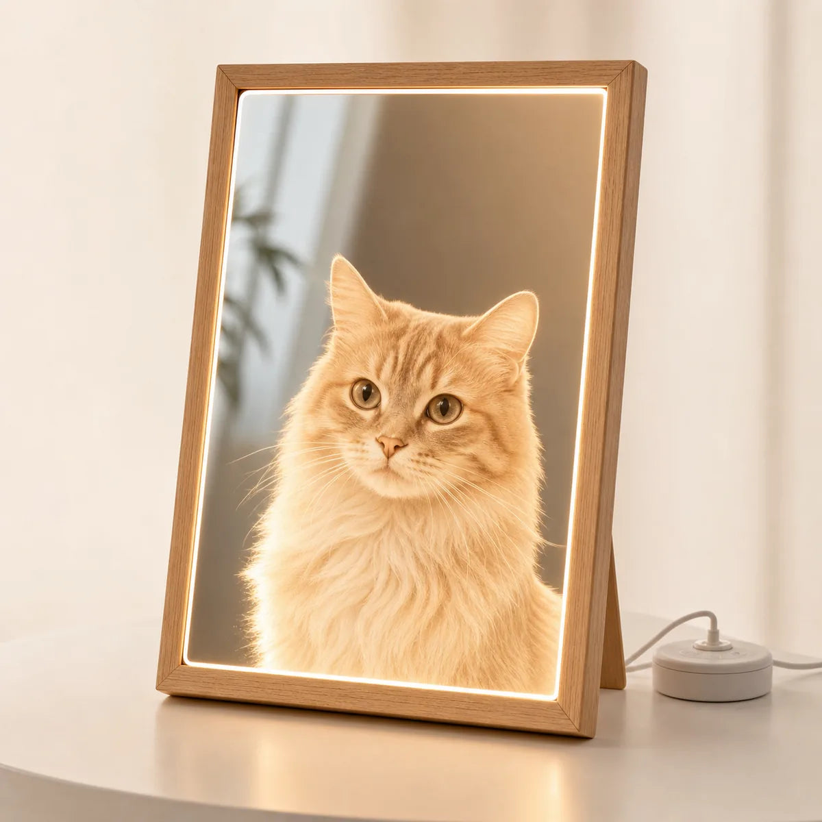 Custom light-up framed pet art with warm LED glow on a clean tabletop. | TaoPaws