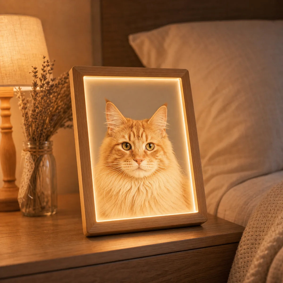 Custom pet light frame glowing on a bedroom nightstand. | TaoPaws