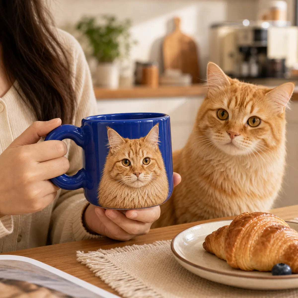 Pet owner holding a custom chunky mug beside a cat at breakfast. | TaoPaws