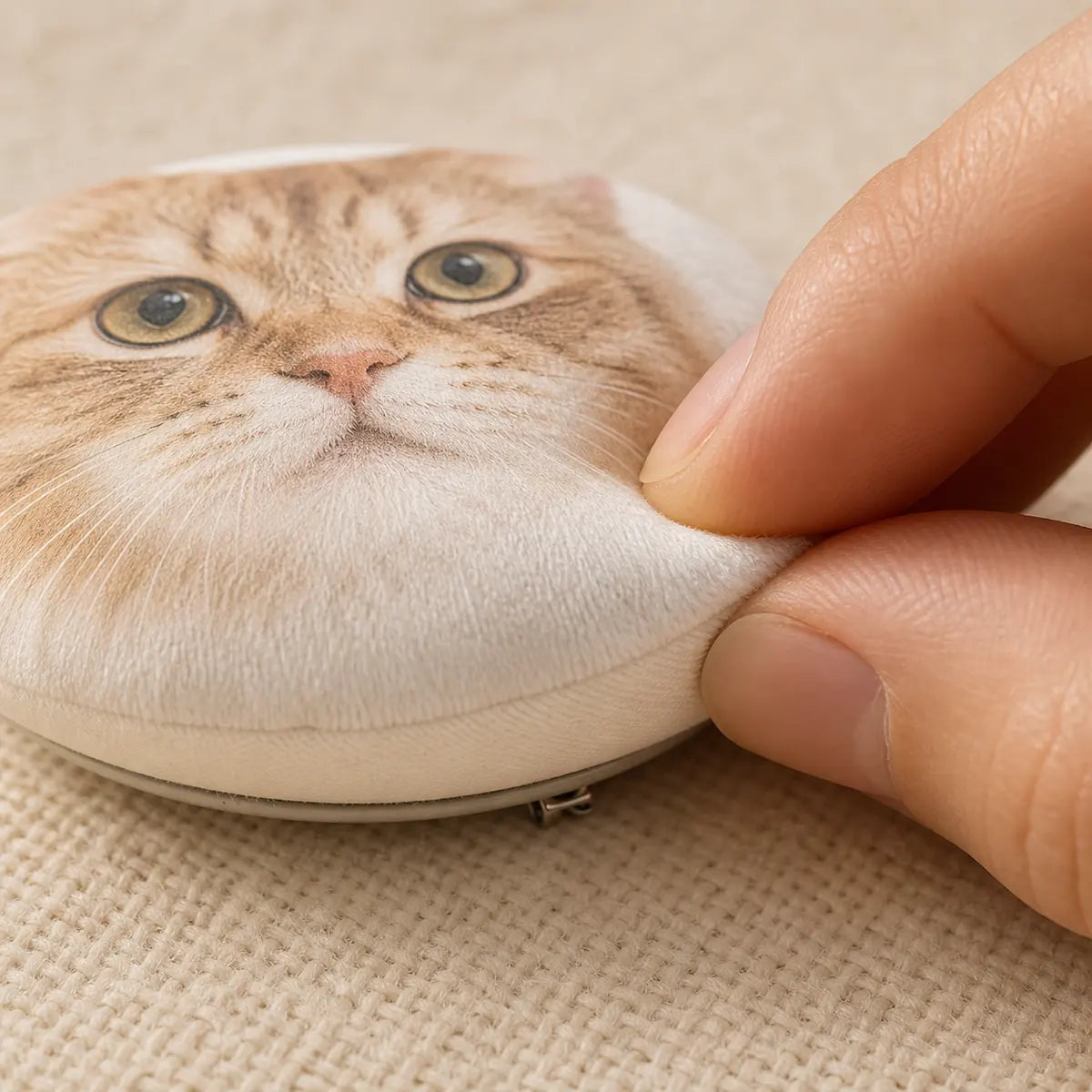 Fingers gently pressing the soft surface of a custom plush pet badge. | TaoPaws
