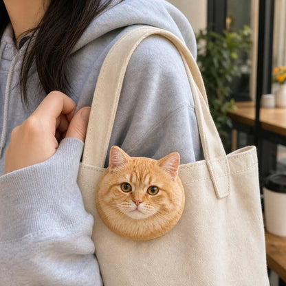 Custom plush pet pin badge attached to a tote bag. | TaoPaws