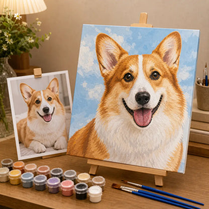 Finished custom pet paint by numbers portrait displayed on an easel. | TaoPaws