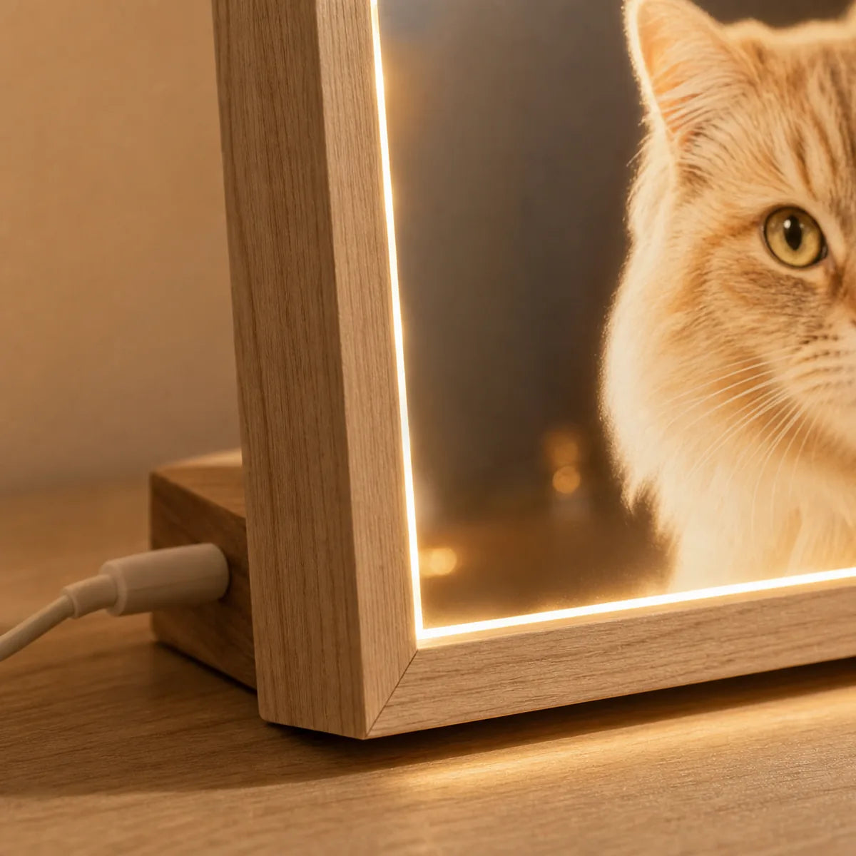 Close-up of the LED edge and wood frame detail on custom pet framed art. | TaoPaws