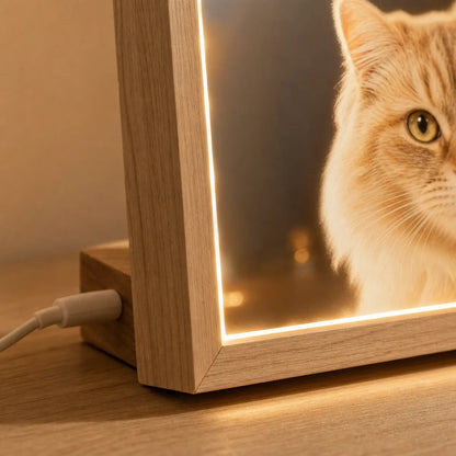 Close-up of the LED edge and wood frame detail on custom pet framed art. | TaoPaws