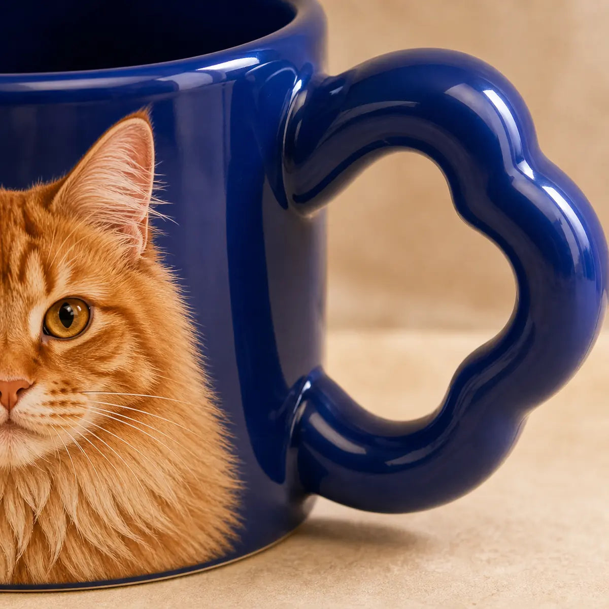 Close-up of the glossy glaze and chunky handle on a custom pet mug. | TaoPaws