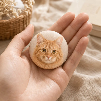 Custom squeezable plush pet badge held in hand to show size. | TaoPaws