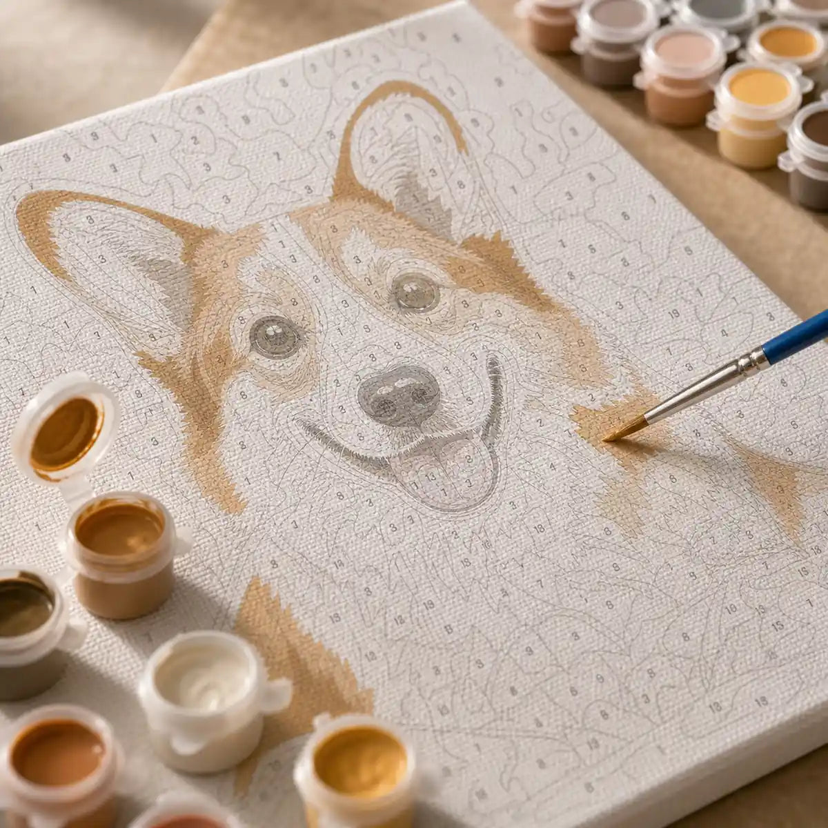 Close-up of numbered canvas and acrylic paint pots for a custom pet art kit. | TaoPaws