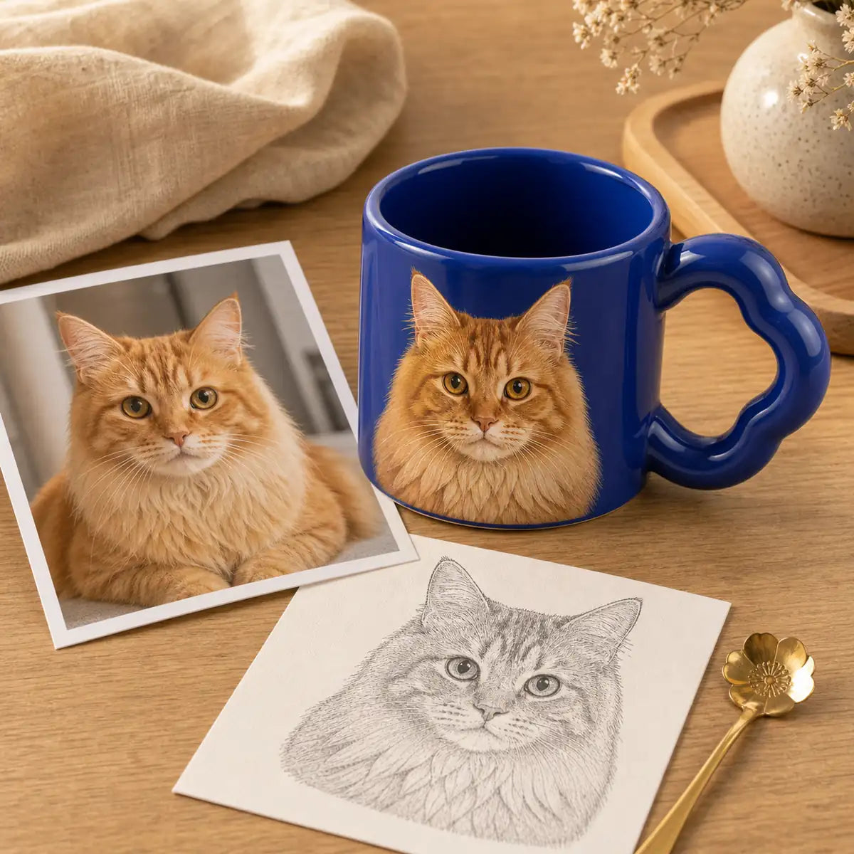 Pet photo and sketch beside a finished custom chunky mug. | TaoPaws
