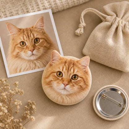 Pet photo beside a finished custom plush pin badge and gift pouch. | TaoPaws