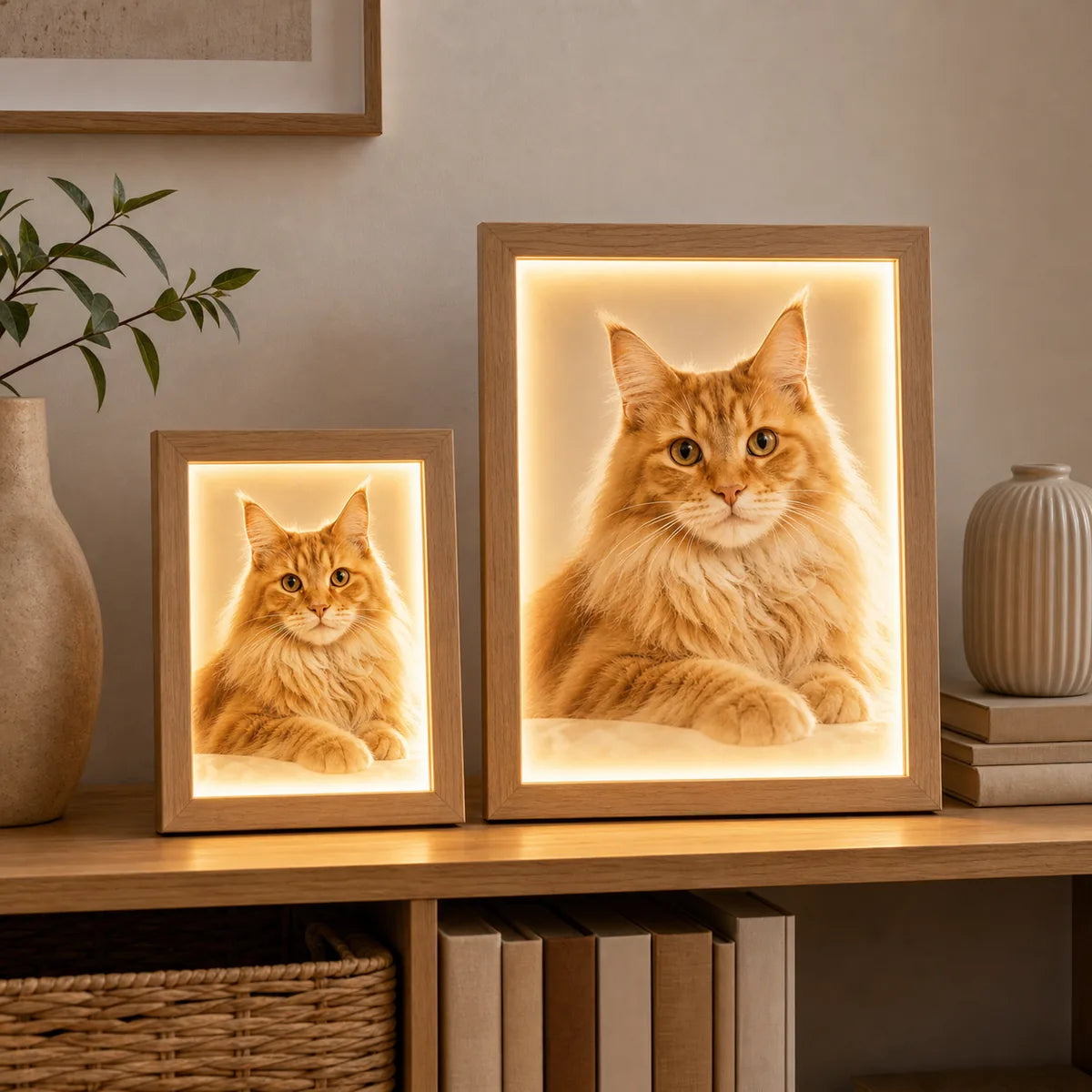 Two display sizes of custom light-up framed pet art on a home shelf. | TaoPaws