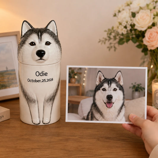 Personalized Husky pet urn for ashes with custom ceramic dog memorial design and photo comparison in cozy home setting