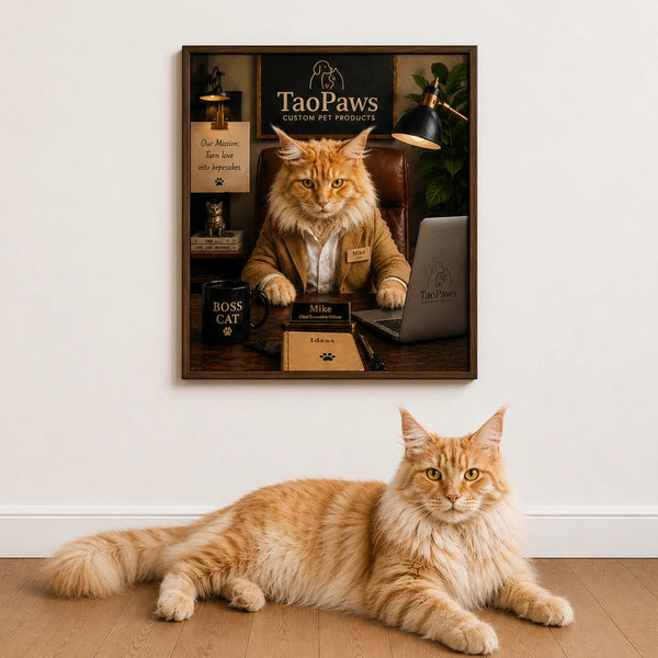 Personalized Maine Coon cat portrait canvas wall art hanging on a white wall with a fluffy ginger Maine Coon lying on wooden floor, custom pet home decor by TaoPaws