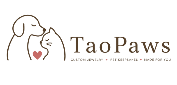 Circular TaoPaws logo featuring a minimalist dog and cat illustration with a subtle pink heart. Ideal for branding pet jewelry, personalized gifts, and keepsakes.