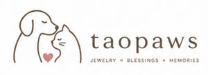 Taopaws logo with a dog and cat illustration, focusing on jewelry, blessings, and creating memories for pet owners.