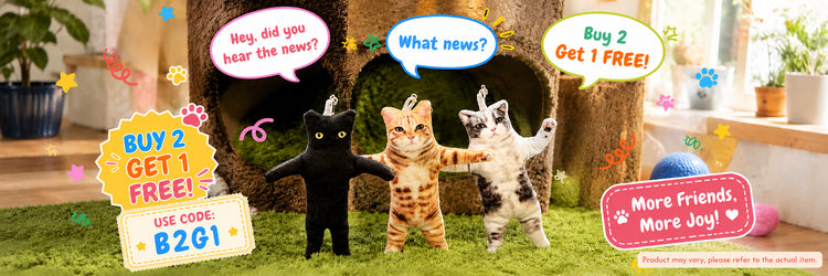 Cute custom cat plush keychains promotion banner featuring handmade pet doll accessories with Buy 2 Get 1 Free offer.