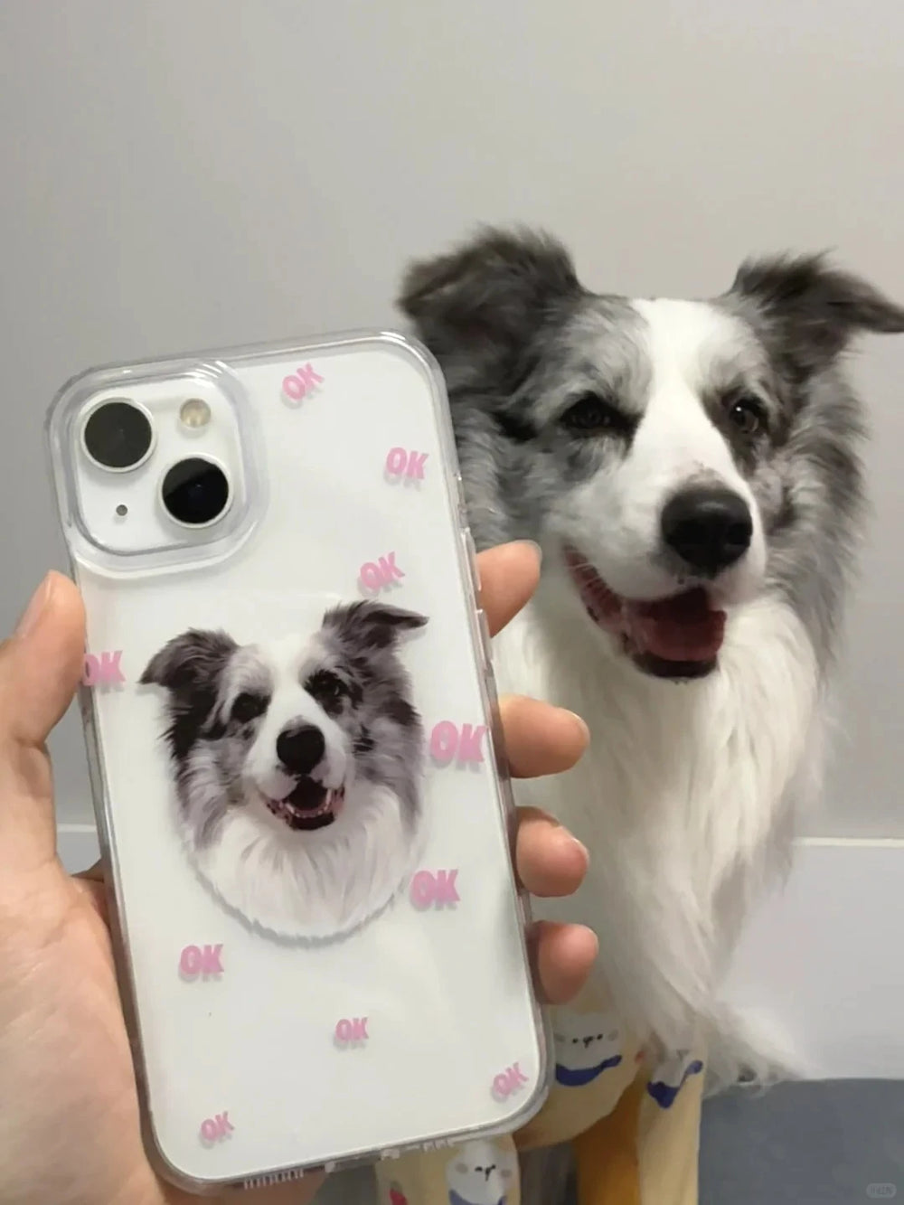 Personalized border collie phone case with custom pet portrait design for dog lovers and pet owners.