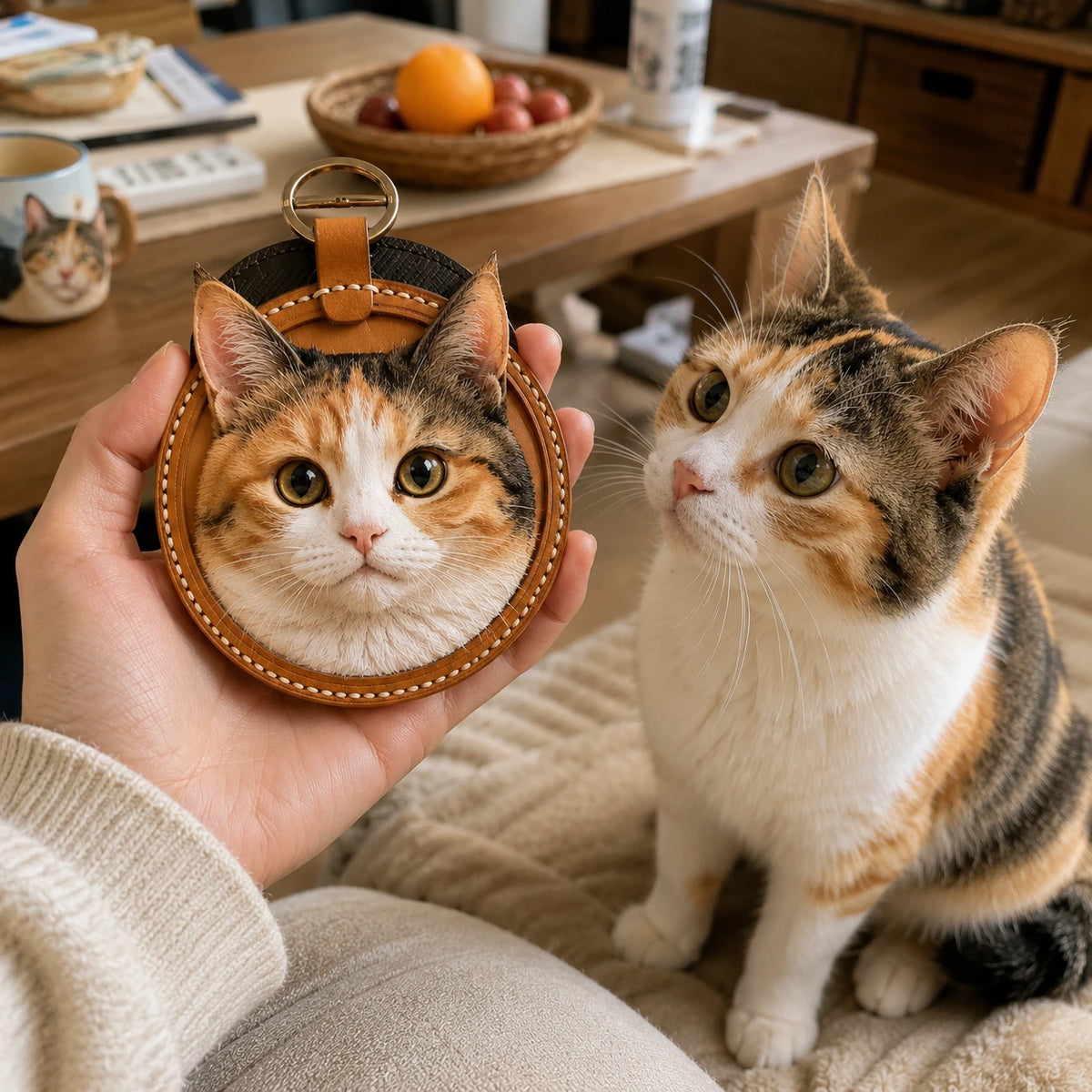 A real calico cat beside its handmade leather portrait keychain