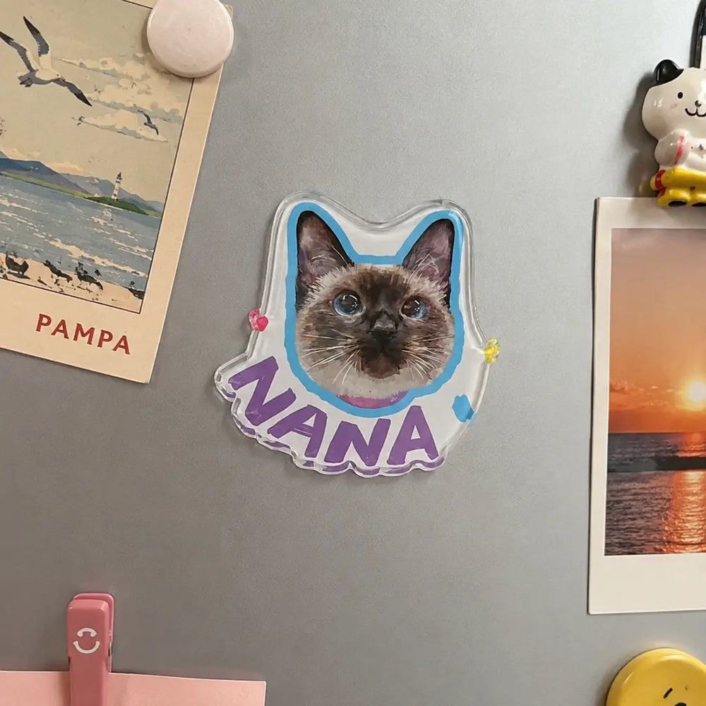 Personalized cat photo fridge magnet with custom pet portrait and name, cute decorative magnet for cat lovers.