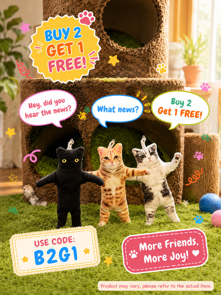 Colorful promotional image of personalized cat plush keychains with Buy 2 Get 1 Free special offer for pet lovers.