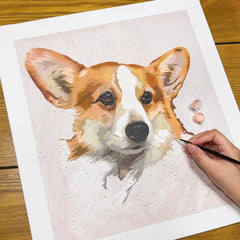 Hand painting a custom corgi paint by numbers canvas with numbered sections and acrylic paint pots.
