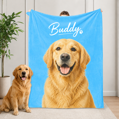 Personalized golden retriever photo blanket in blue plush fleece with custom dog name, cozy pet memorial and custom pet gift for dog lovers