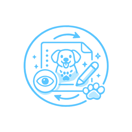 Handmade custom pet design process icon showing artwork creation, photo reference, and personalized pet illustration service.