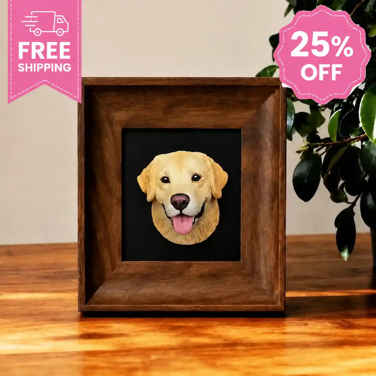Handmade custom pet figurine in wooden frame, personalized dog memorial keepsake with free shipping and discount offer