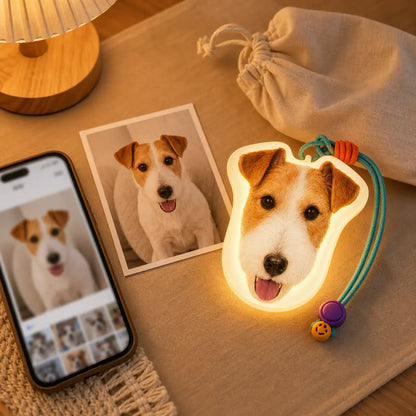 Pet photo beside the finished custom dog night light showing the customization process