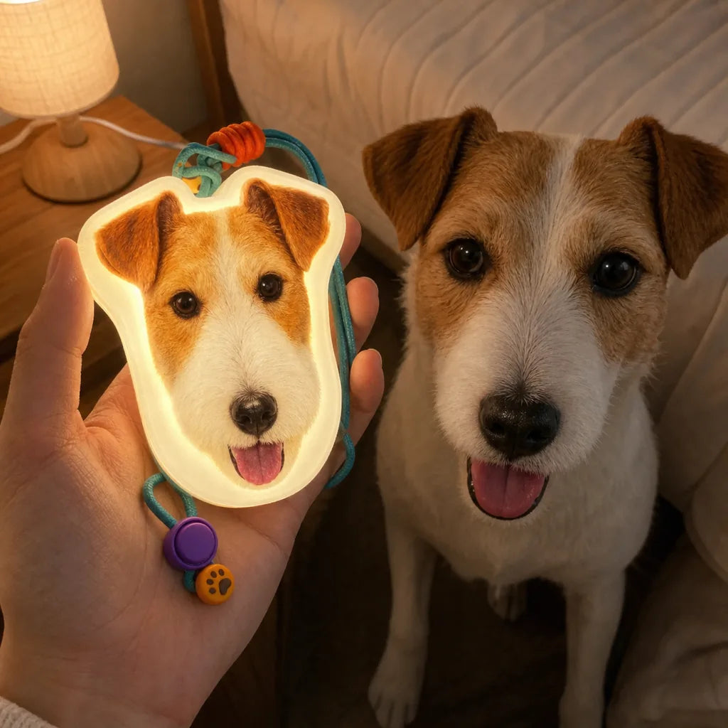 A real dog beside a custom night light made from its photo