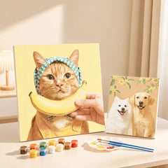 Custom pet paint by numbers canvas kit featuring a cat portrait and dog artwork with paint pots and brushes.