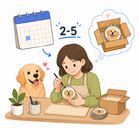 Handcrafted custom pet products made within 2 to 5 business days using personalized pet photos and designs.