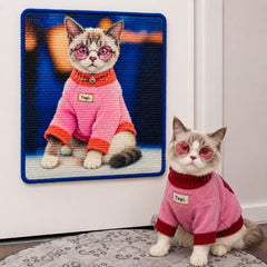 Custom sisal cat scratcher wall mat featuring a personalized cat portrait with a matching stylish cat wearing a pink sweater and sunglasses.