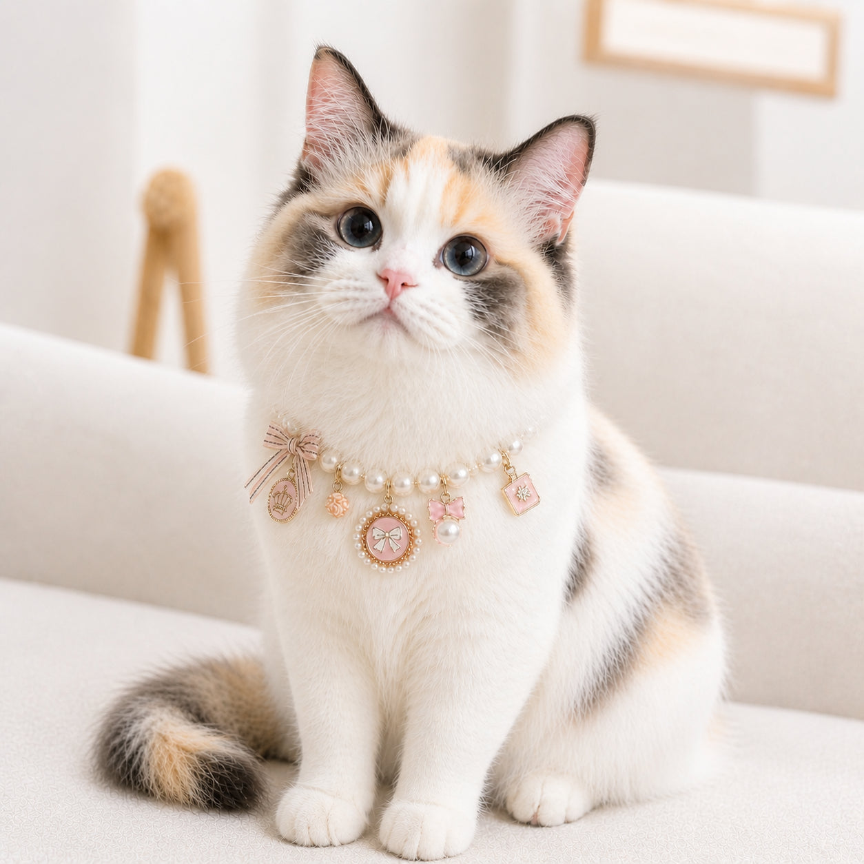 Cute calico cat wearing a pearl collar with pink bow charms and elegant designer jewelry accessory for fashionable cats.