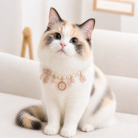 Cute calico cat wearing a pearl collar with pink bow charms and elegant designer jewelry accessory for fashionable cats.