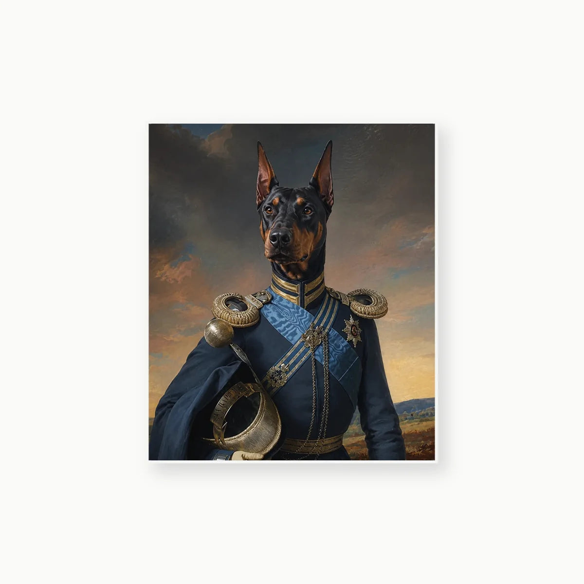 Doberman General custom pet portrait artwork preview on textured film canvas