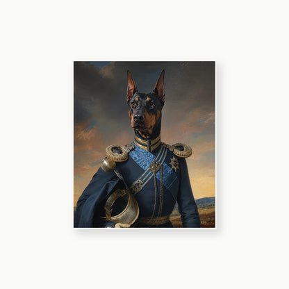 Doberman General custom pet portrait artwork preview on textured film canvas