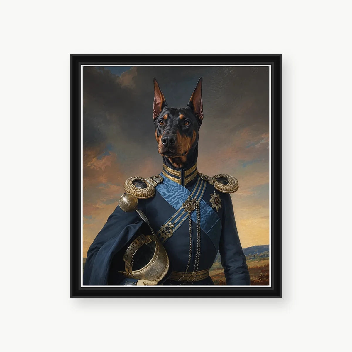 Doberman General custom pet portrait with classic black polystyrene frame